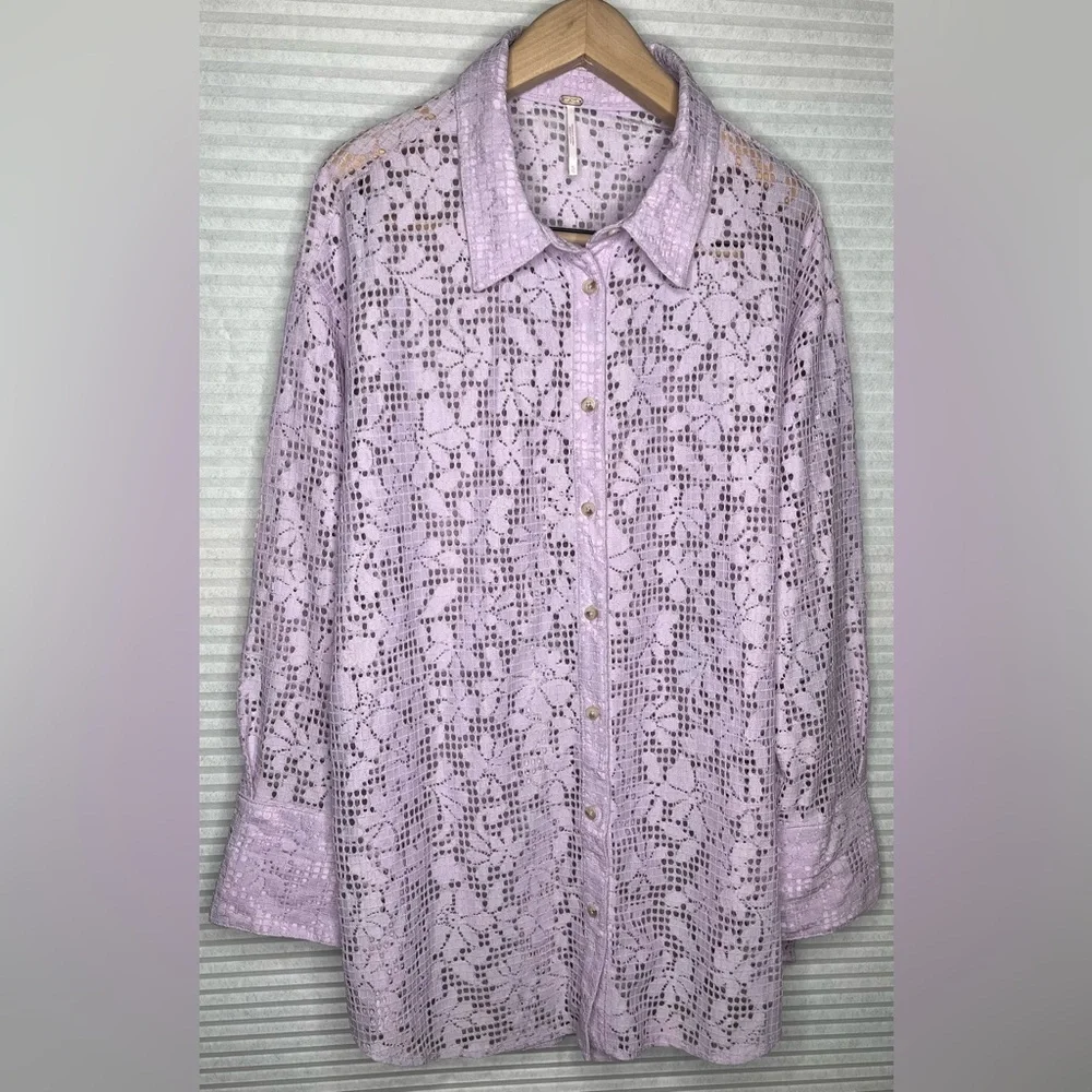 FREE PEOPLE in your dreams lace button down lavender XL oversized lace bohemian